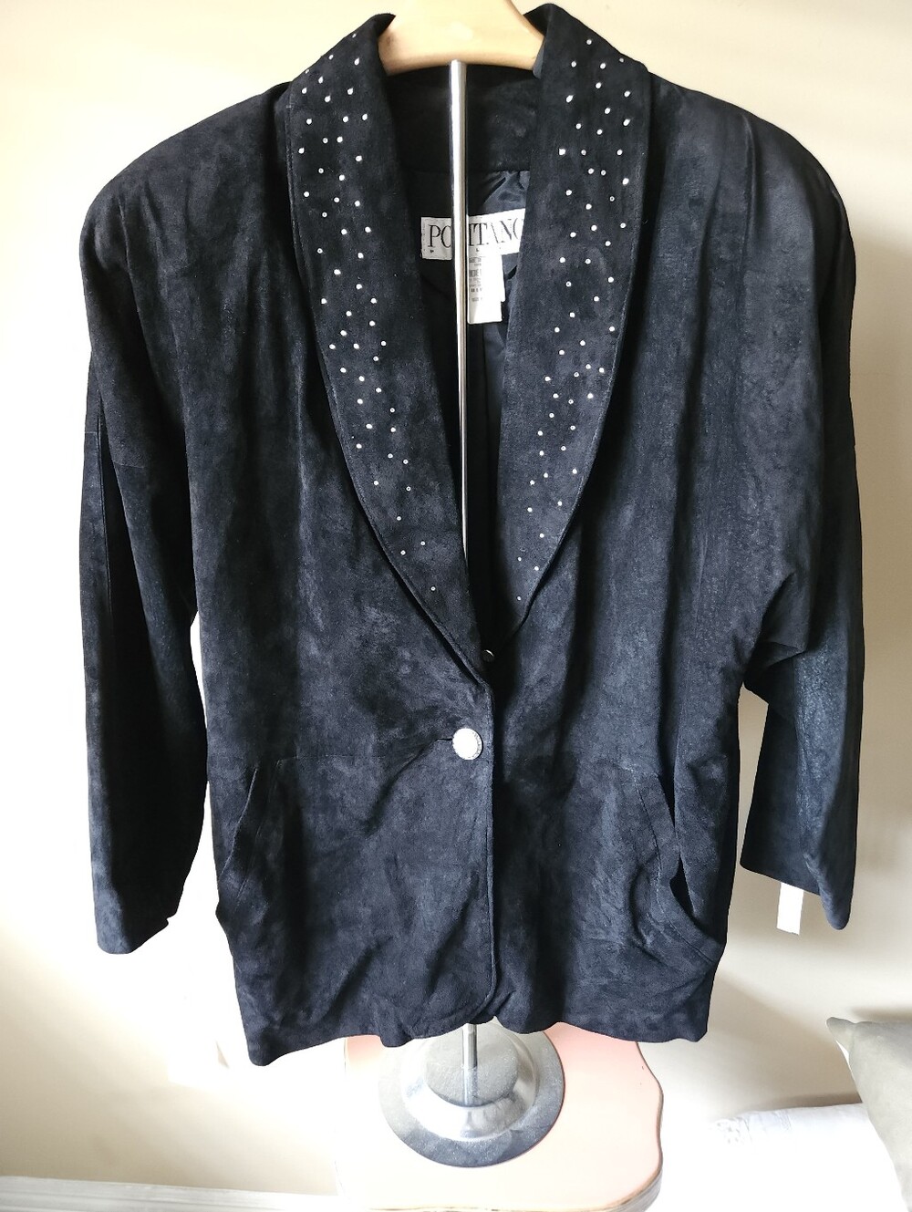 Vintage Positano Pelle Devon Becke Black Genuine Suede Rhinestone Blazer -Size M
